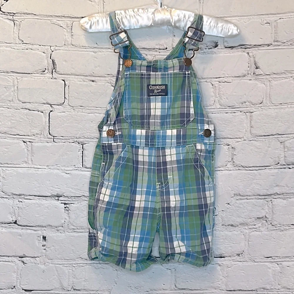 OshKosh B’Gosh Blue Green Plaid Short Overalls Boy’s Size 18 Months